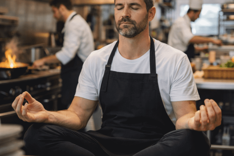 restaurant-owner-practicing-meditation-in-a-busy-commercial-kitchen-to-maintain-focus-and-leadership-for-kings-network-trusted
