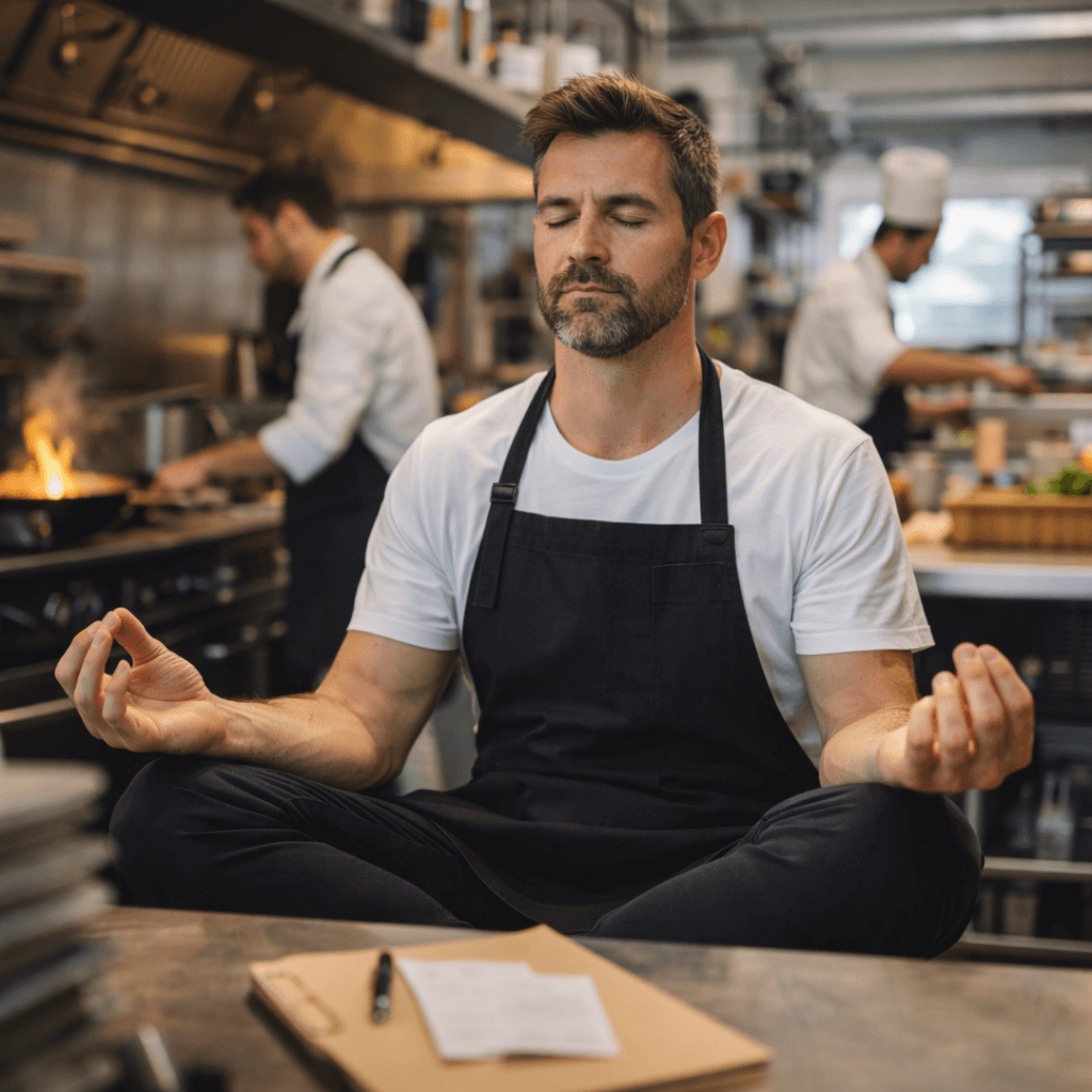 restaurant-owner-practicing-meditation-in-a-busy-commercial-kitchen-to-maintain-focus-and-leadership-for-kings-network-trusted